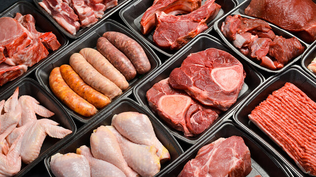 Banner. Set of raw meat and fish in plastic containers. Products from the market. Side view.