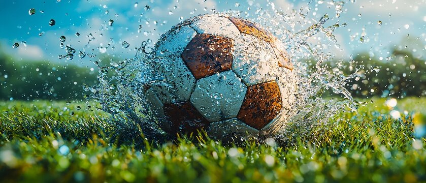 Water Splash Around Soccer Ball on Green Grass Field Under Sunlight - Powered by Adobe