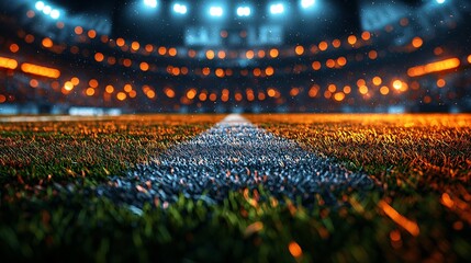 Brightly Lit Stadium Field with Orange Bokeh and Grass Texture
