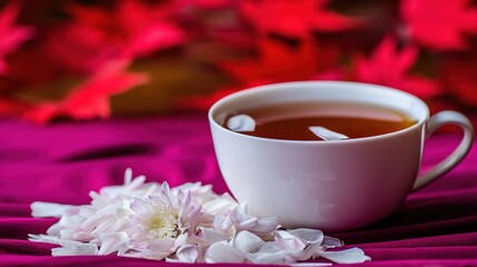 Delicate porcelain teacup with chrysanthemum petals on crimson silk, reflecting refined tranquility.