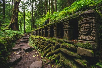 Ancient stone wall, overgrown with moss, in a lush forest.  Path winds through