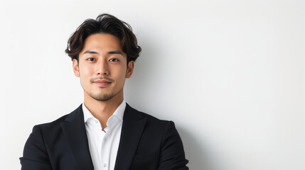Young Japanese man in suit, poised for success with subtle smirk, on white background.