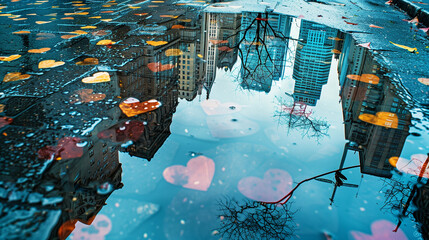 A rainy city reflected in puddles shaped like hearts 