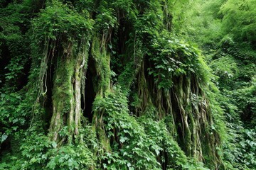 Lush, verdant cliff face draped in moss and vines