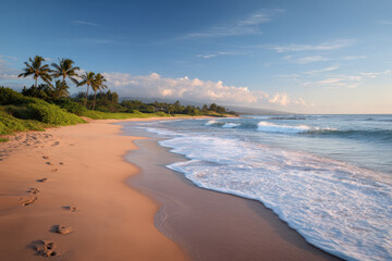 on stunning hawaiian beach soft golden sand stretches under warm sun with gentle waves lapping at shore