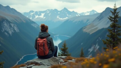 Fototapeta premium Woman hiker standing on mountain cliff with backpack, overlooking scenic river valley and dramatic peaks at sunrise, adventure and exploration concept.