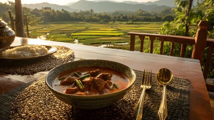 Delicious thai curry with rice served on a wooden table overlooking rice fields in a tropical setting