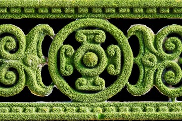Ornate, green, moss-covered, decorative border