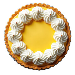 Delicious overhead view of a vibrant yellow lemon tart dessert with whipped cream decorations transparent background