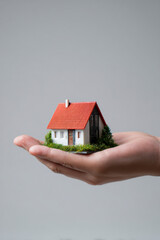 Miniature house held gently in a hand, symbolizing care, investment, and the dream of homeownership.