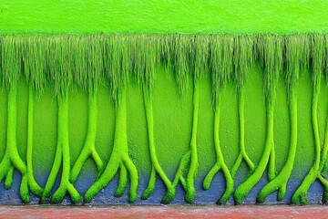 Vivid green wall with stylized, hanging plant roots