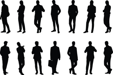 Silhouette of businessmen in formal attire, standing poses, hands in pockets, crossed arms, professional posture, vector illustration, isolated on white background