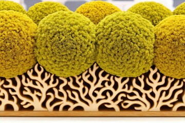 Yellow pom-pom balls in a wooden tray with a carved design