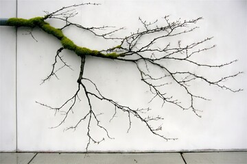 A bare branch, draped with moss, extends across a white wall