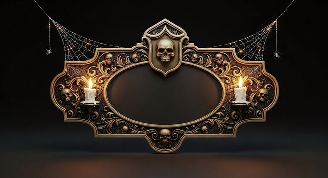Ornate frame with skulls candles and spiderwebs on a dark background for halloween themed designs