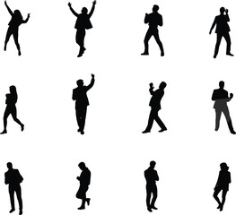 Naklejka premium Silhouettes of people in various dynamic poses, jumping, dancing, walking, standing, professional attire, vector illustration, isolated 