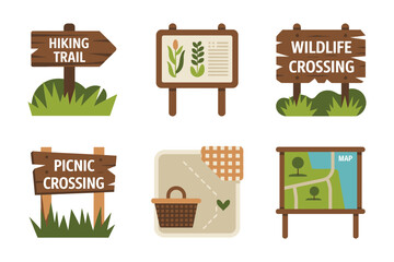 Nature park signage icons, hiking trail and wildlife crossing vector, picnic area board illustration, information sign clipart, outdoor design pack