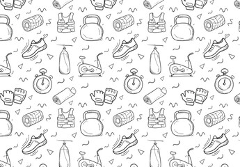  Seamless pattern of fitness and gym equipment isolated on white background