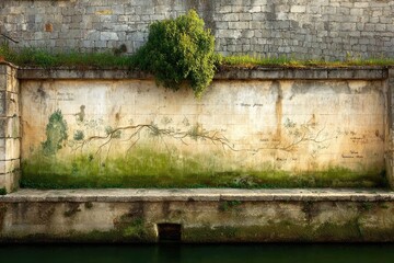 Aged wall mural of a landscape, overgrown with moss
