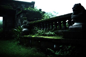 Ruined stone wall, overgrown with moss and plants, lion statues, dark, mysterious