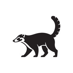 Obraz premium Solid Black Coati Silhouette Walking with Tail Up on White Background