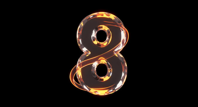 Glowing number eight in abstract design with warm orange highlights against a dark background. Modern, dynamic graphic element with digital art style.