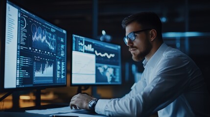 Focused professional working at multiple computer screens.