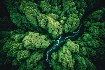 Lush green forest canopy, winding river