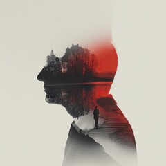 Silhouette portrait, double exposure of man and landscape