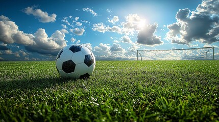 Soccer Ball on Green Field Under Bright Sky with Wispy Clouds