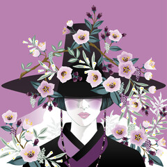Modern Girl with Short Hair in Korean Floral Gat Vector Illustration 	