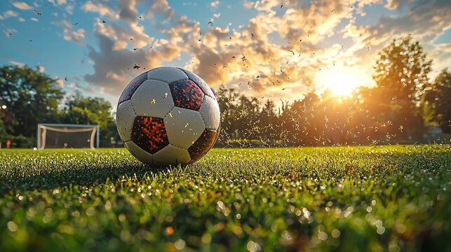 Close-Up of a Soccer Ball on Grass Field Under Warm Sunset Sky