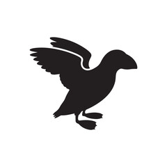 Fototapeta premium Solid Black Puffin Silhouette Mid-Flight with Wings Extended on White Background