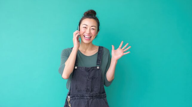 An Asian woman in her 30s smiles brightly while making a call-me gesture with one hand. She is dressed in stylish work overalls, set against a soft, sage green backdrop