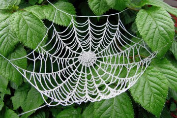 Frosted spiderweb on green leaves