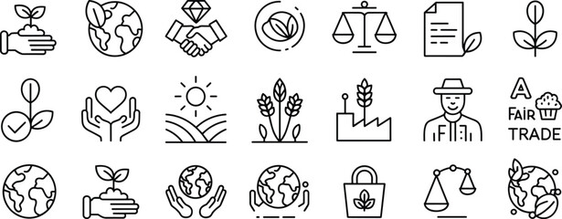 Fair trade, sustainable farming, eco agriculture icons, ethical farming vector set, environment protection, organic produce, green earth line design