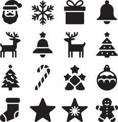 Christmas Silhouette Vector Set  Minimalist Black Holiday Icons with Santa, Trees, Stars, Snowflakes, and Gifts   Editable, High-Quality, Perfect for Stickers, Cards & Merch

