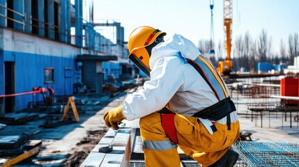 A welder in protective gear carefully fixes a metal structure in a bustling construction yard