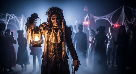 Spooky halloween costume party with woman in zombie makeup holding lantern