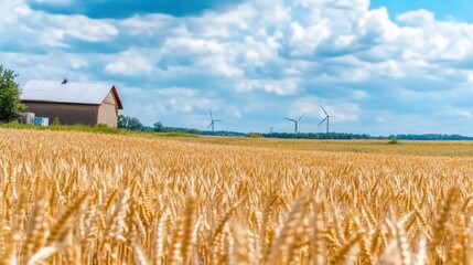 Wind turbines rotate gently over expansive wheat fields beneath a dramatic sky
