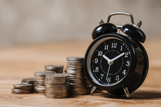 Time is money: A close-up of stacked coins next to a vintage alarm clock on a wooden surface.