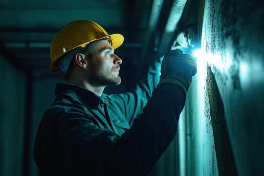 Skilled welder examines joint quality in a dimly lit industrial area using flashlight
