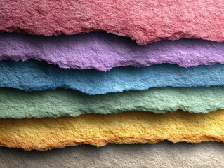 Layered, textured, colorful paper strips