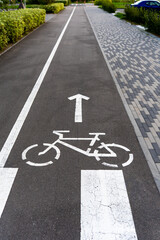 Fototapeta premium Bicycle lane sing with directional markings on a paved pathway in a park 