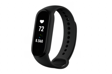 Black fitness tracker showing heart rate and steps on transparent background