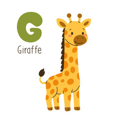 Fototapeta premium Cute cartoon illustration of a giraffe with the letter G, ideal for kids' alphabet learning, educational posters, and nursery decor