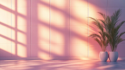Sunlight streams through a window, illuminating a minimalist interior with potted plants