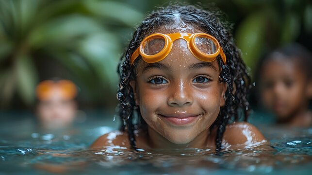 Smiling Girl in Pool with Swimming Goggles and Water Splash Effect