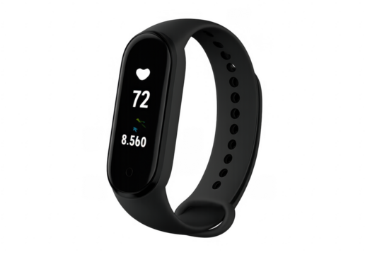 Black fitness tracker showing heart rate and steps on transparent background