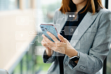 Woman using chat bot in smartphone intelligence Ai. Chat with AI Artificial Intelligence, developed by OpenAI generate. robot in online system.